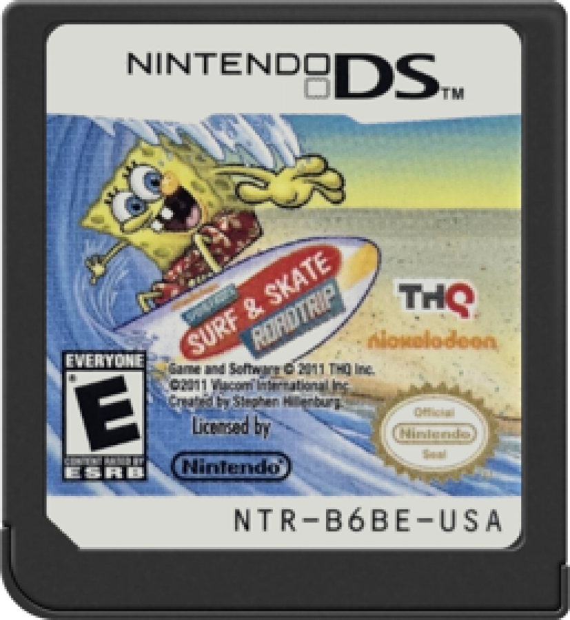 SpongeBob Surf & Skate: Roadtrip for Nintendo DS sports adventure game featuring skateboarding and surfing challenges, colorful Bikini Bottom levels, mini games, and stylus controlled family friendly gameplay experience cartridge