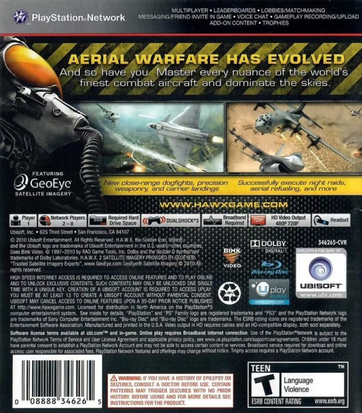 Tom Clancy's HAWX 2 PlayStation 3 PS3 retro video game military flight combat featuring fighter jet missions aerial dogfights strategic air operations realistic aircraft gameplay modern warfare action PlayStation 3 gaming experience collectible game collection appeal back cover art