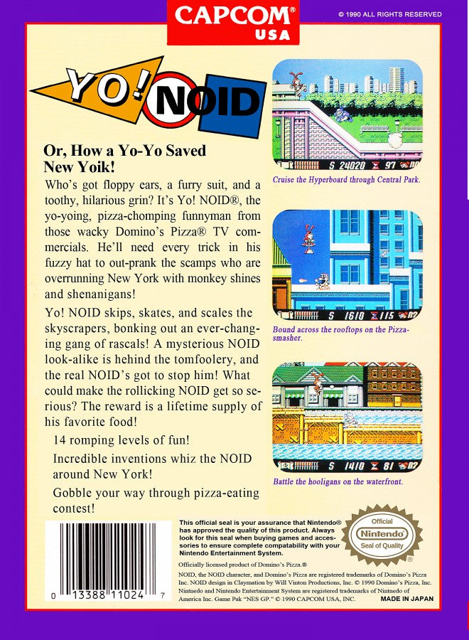 Yo! Noid Nintendo Entertainment System NES video game featuring side scrolling platformer gameplay Domino's Pizza mascot The Noid pizza themed adventure jumping challenges enemy encounters yo yo combat collectible items obstacle courses colorful levels boss battles and classic 8 bit Nintendo arcade action retro video game collection collectible gaming appeal back cover art