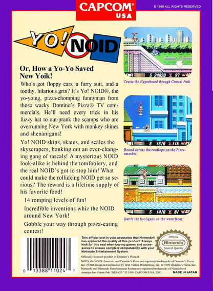 Yo! Noid Nintendo Entertainment System NES video game featuring side scrolling platformer gameplay Domino's Pizza mascot The Noid pizza themed adventure jumping challenges enemy encounters yo yo combat collectible items obstacle courses colorful levels boss battles and classic 8 bit Nintendo arcade action retro video game collection collectible gaming appeal back cover art