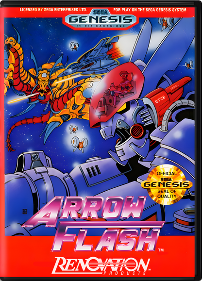 Arrow Flash Sega Genesis GEN for retro video game enthusiasts featuring side scrolling shoot em up gameplay futuristic spacecraft combat powerful weapon upgrades fast paced enemy battles challenging stages sci fi arcade action and collectible gaming appeal front cover