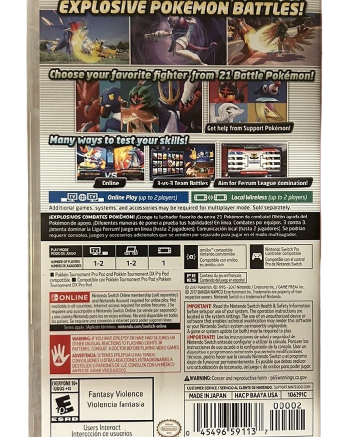 Pokkén Tournament DX Nintendo Switch video game, fighting action, Pokémon battles, competitive multiplayer gameplay, console title back cover
