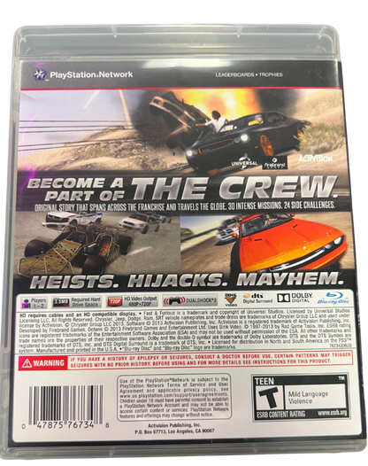 Fast and the Furious Showdown PlayStation 3 PS3 for racing video game fans featuring high speed street racing action movie inspired gameplay customizable vehicles explosive driving missions cooperative multiplayer challenges intense car stunts and cinematic racing adventure collectible gaming appeal back cover