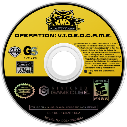 Codename: Kids Next Door Operation: V.I.D.E.O.G.A.M.E. GameCube GC video game, action adventure, cartoon-based gameplay, family-friendly, multiplayer, Nintendo GameCube title disc art