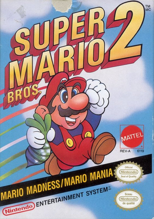 Super Mario Bros. 2 cartridge for the Nintendo Entertainment System featuring a colorful 8 bit platformer with Mario Luigi Princess Toadstool and Toad exploring dreamlike worlds with unique abilities and enemy throwing gameplay cover art