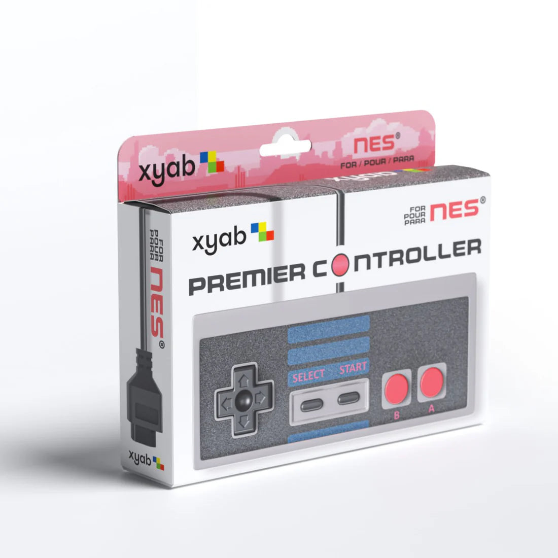XYAB brand NES controller, compatible replacement for Nintendo Entertainment System, classic rectangular design with D-pad, A and B buttons, Start and Select buttons, and wired connection for retro gaming