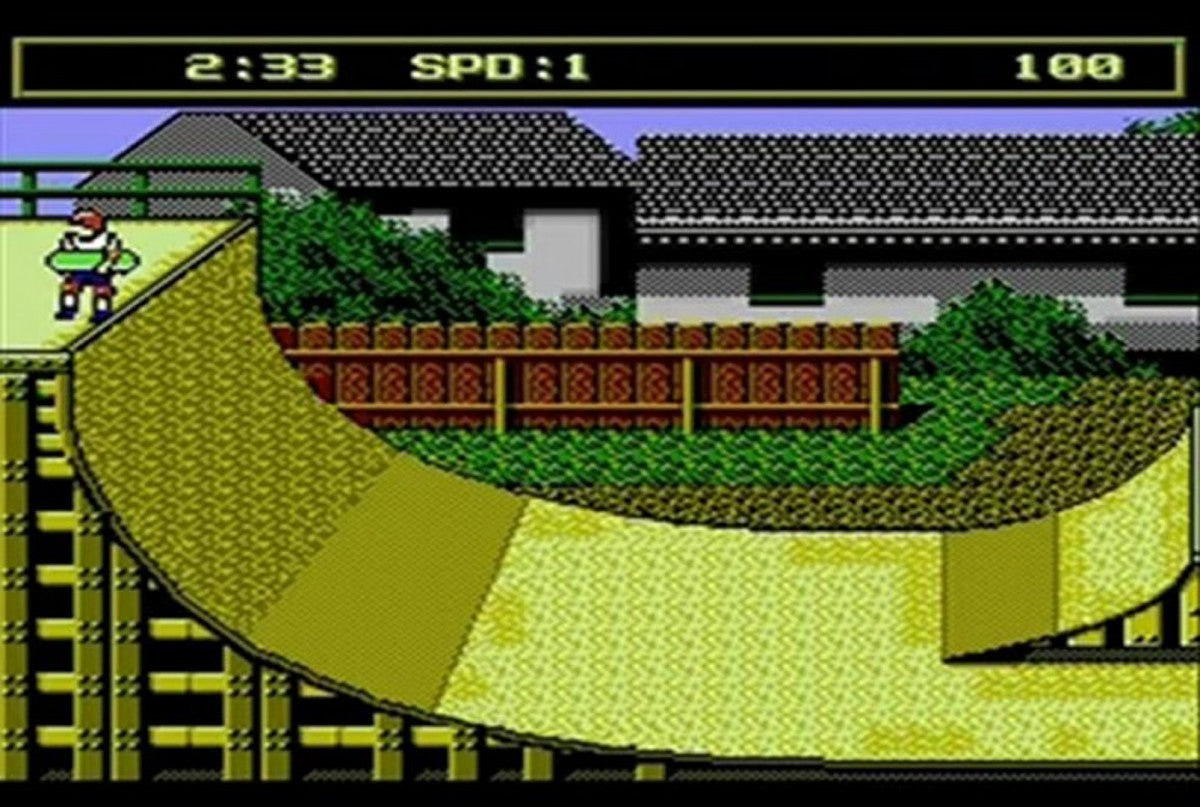 Skate or Die game for the Nintendo Entertainment System featuring skateboarding themed gameplay with multiple events including downhill racing freestyle tricks and jousting with competitive modes and an arcade style presentation gameplay