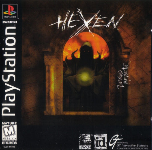 Hexen PlayStation PS1 for dark fantasy first person shooter video game fans featuring medieval combat powerful magic weapons dungeon exploration demonic enemies atmospheric environments challenging levels intense action gothic fantasy gameplay classic console FPS collectible gaming appeal cover art