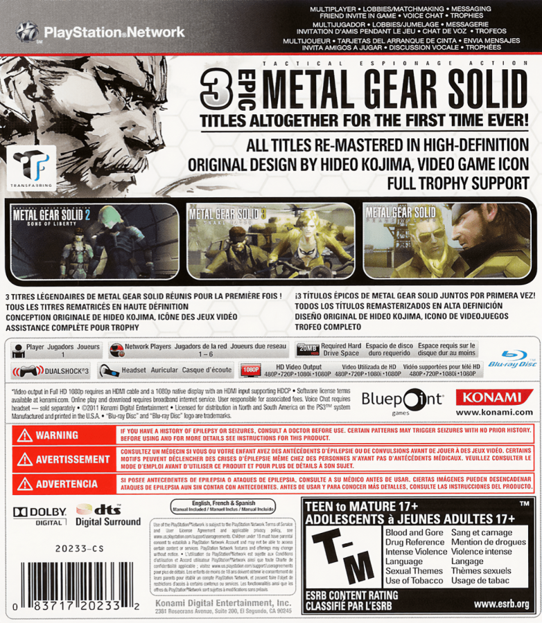 Metal Gear Solid HD Collection PS3 action-adventure video game back cover art.