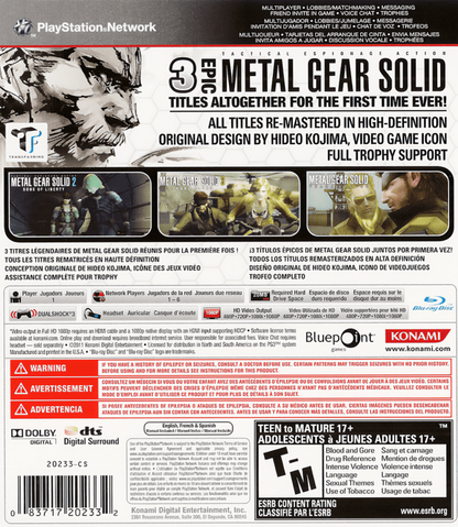 Metal Gear Solid HD Collection PS3 action-adventure video game back cover art.