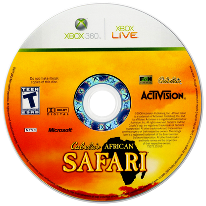 Cabela's African Safari Xbox 360 hunting simulation game featuring authentic African wildlife safari expeditions realistic firearms big game tracking missions and immersive outdoor adventure gameplay disc