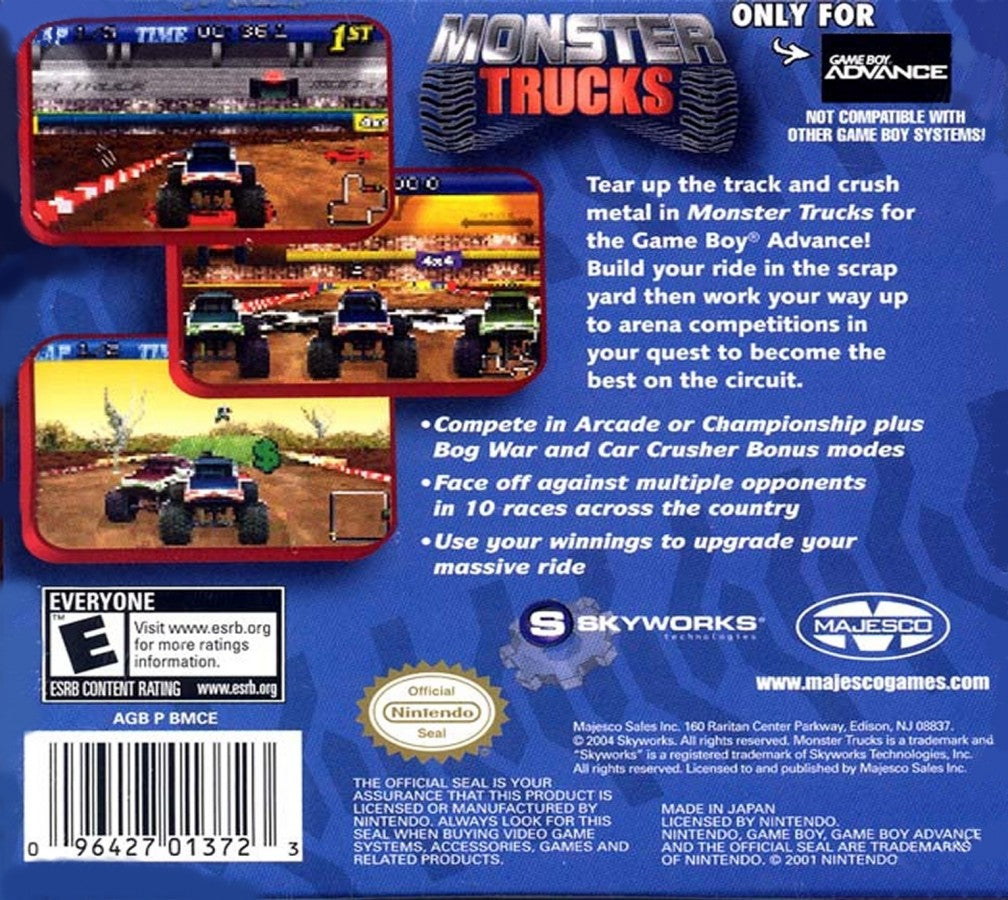 Monster Trucks Game Boy Advance GBA racing video game featuring powerful monster trucks off-road racing high-speed driving challenging tracks vehicle stunts crashes jumps and classic Game Boy Advance GBA gameplay collectible retro gaming appeal back cover art