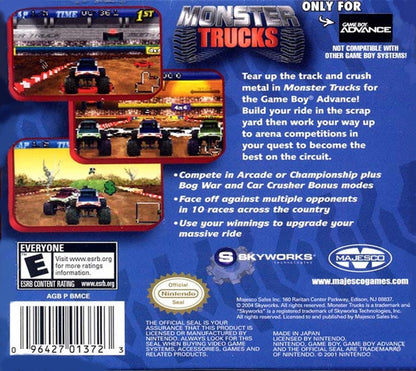 Monster Trucks Game Boy Advance GBA racing video game featuring powerful monster trucks off-road racing high-speed driving challenging tracks vehicle stunts crashes jumps and classic Game Boy Advance GBA gameplay collectible retro gaming appeal back cover art