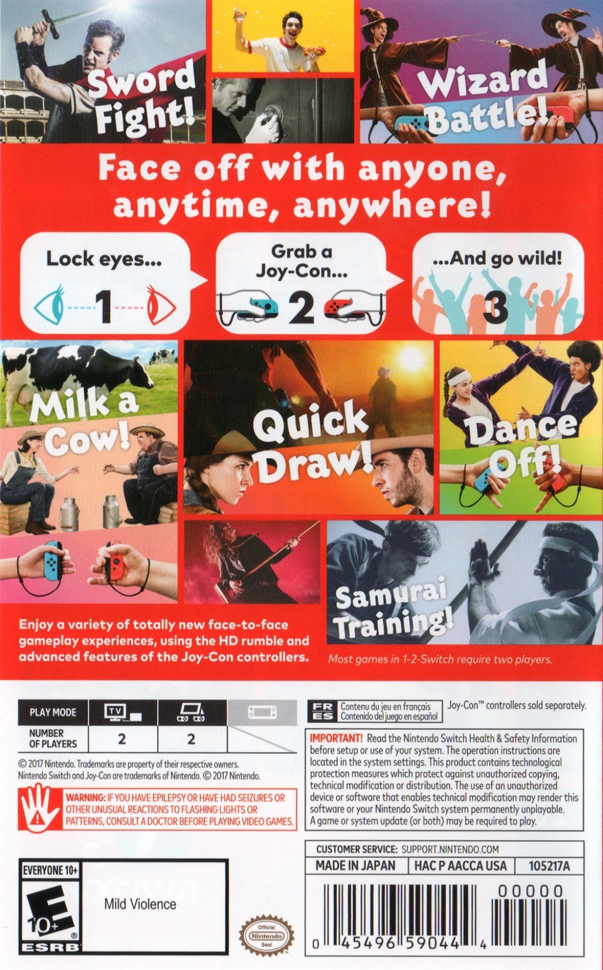 1-2-Switch for Nintendo Switch party mini game collection featuring motion control challenges multiplayer activities and Joy Con interactive gameplay back cover