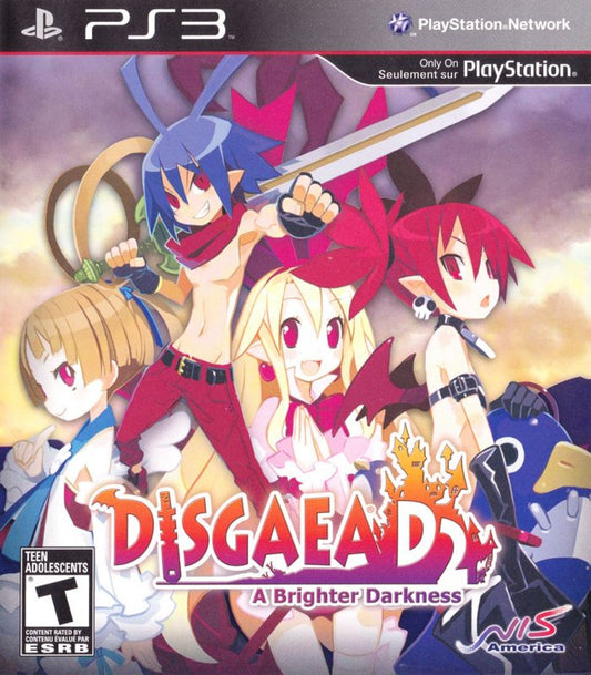 Disgaea D2 A Brighter Darkness PS3 game featuring strategic turn-based RPG combat, over-the-top anime humor, and deep character customization gameplay cover 
