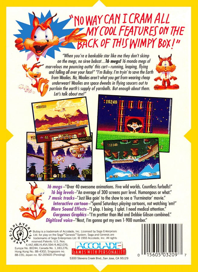 Bubsy back cover art for Sega Genesis (GEN) video game
