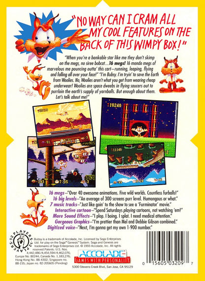 Bubsy back cover art for Sega Genesis (GEN) video game