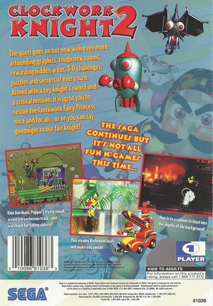 Clockwork Knight 2 Sega Saturn 2.5D platformer toy themed action adventure Sir Tongara de Pepperouchau III side scrolling gameplay mechanical world exploration colorful Sega mascot era retro gaming Sega Saturn software video game title back cover art