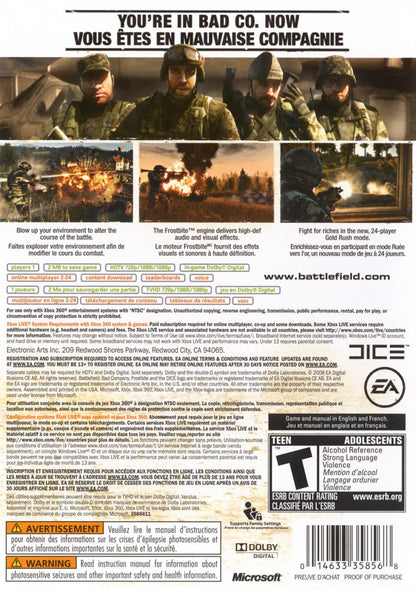 Battlefield Bad Company Platinum Hits for Xbox 360 first person shooter video game featuring destructible environments modern military combat humorous campaign and large scale multiplayer warfare experience back cover art