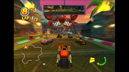 Crash Tag Team Racing for PlayStation 2 (PS2) featuring the hilarious fusion of high-speed racing and platforming adventure where you can "clash" your vehicle with an opponent's to create a powerful hybrid turret-car; explore Von Clutch's Motor World on foot, solve puzzles, and collect Power Gems in this wacky, combat-heavy twist on the Crash Bandicoot racing formula gameplay screenshot