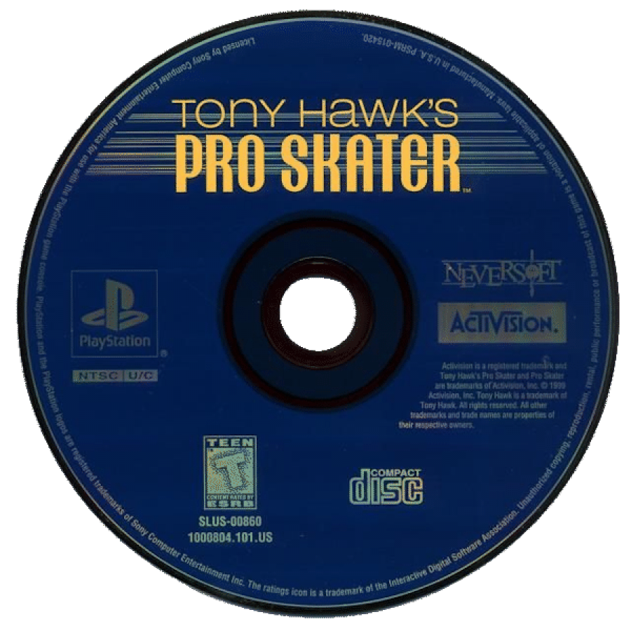 Tony Hawk’s Pro Skater disc art for PlayStation 1 (PS1) video game, skateboarding sports action, trick-based gameplay, classic extreme sports title