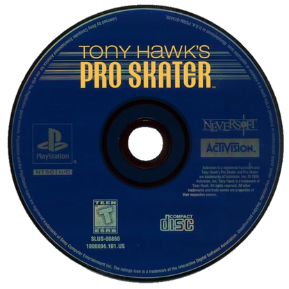 Tony Hawk’s Pro Skater disc art for PlayStation 1 (PS1) video game, skateboarding sports action, trick-based gameplay, classic extreme sports title