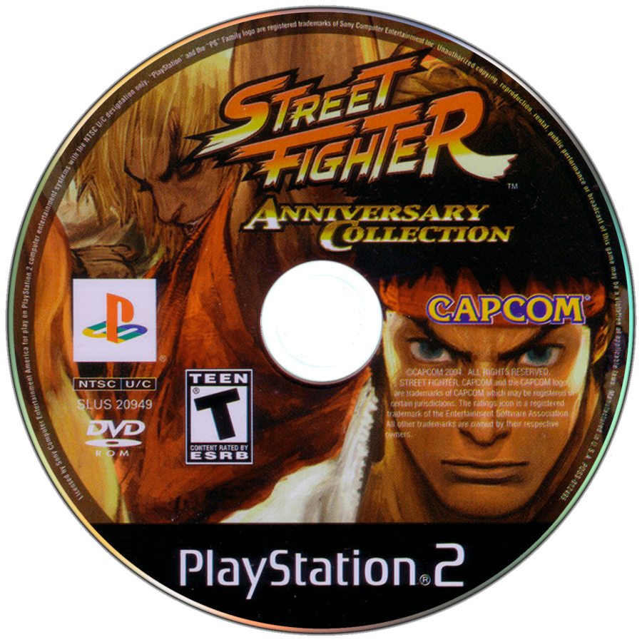 Street Fighter Anniversary Collection – PlayStation 2 (PS2) video game disc, 2D and 3D fighting game compilation.