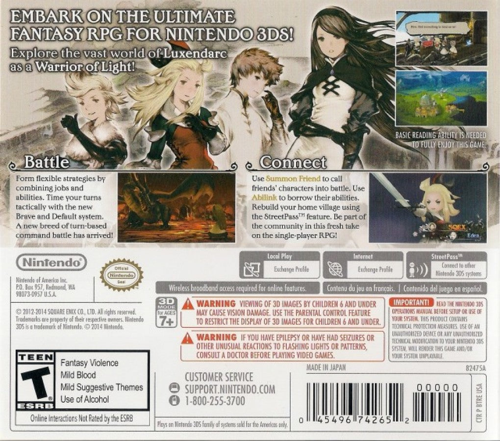 Bravely Default back of case for Nintendo 3DS (3DS) role-playing video game