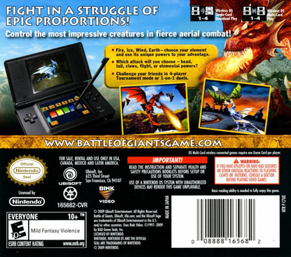 Battle of Giants Dragons Nintendo DS DS for action adventure video game fans featuring giant dragon battles customizable dragons elemental attacks fantasy environments challenging opponents multiplayer gameplay and creature based combat with classic Nintendo DS gaming collectible appeal back cover art