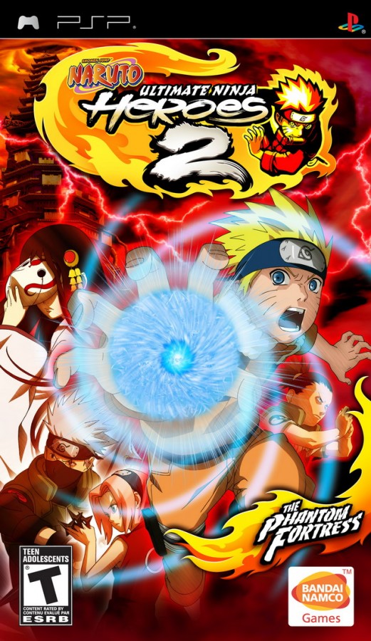 Naruto Ultimate Ninja Heroes 2 The Phantom Fortress PlayStation Portable PSP cover art for retro video game enthusiasts featuring anime fighting gameplay ninja combat mechanics character roster based battles team based action RPG elements story driven fortress adventure and portable handheld arcade style gaming experience and collectible gaming appeal