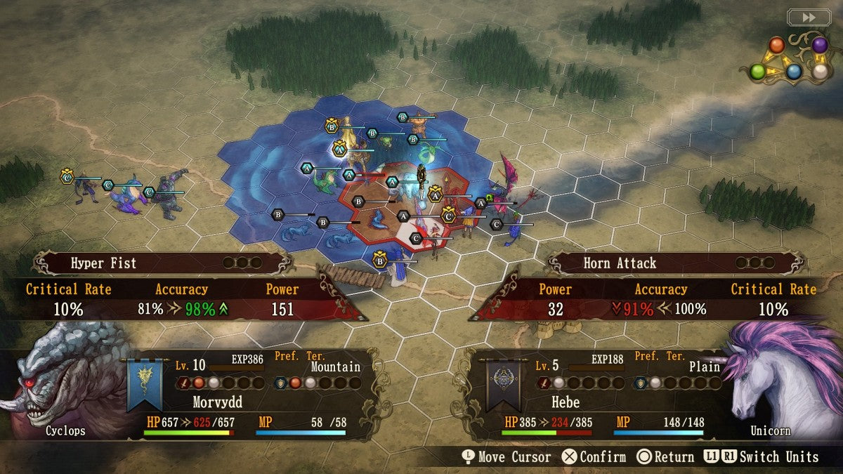 Brigandine: The Legend of Runersia [Limited Run #368] for PlayStation 4 (PS4) at Gamers INC, featuring a grand strategy RPG where you command armies of knights and mythical creatures across the continent of Runersia, conquer rival nations, and shape the fate of six warring factions in deep turn-based battles with expansive replayability gameplay screenshot