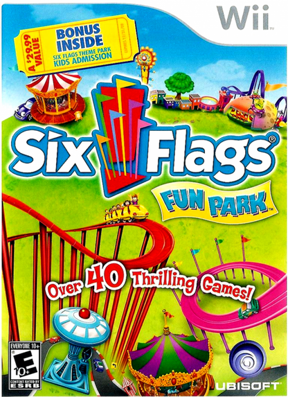 Six Flags Fun Park retro Nintendo Wii video game featuring amusement park mini games, family friendly multiplayer gameplay, carnival challenges and classic Wii entertainment - cover art
