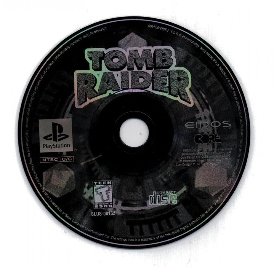 Tomb Raider [Greatest Hits] disc art for PlayStation 1 PS1 video game, action adventure, exploration and puzzle solving, classic Lara Croft debut title