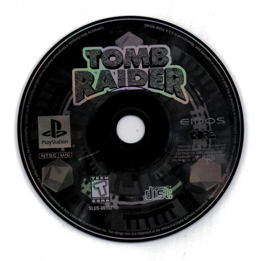 Tomb Raider [Greatest Hits] disc art for PlayStation 1 PS1 video game, action adventure, exploration and puzzle solving, classic Lara Croft debut title