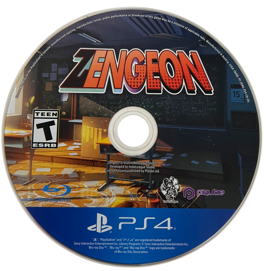 Zengeon for PlayStation 4, disc for an action role-playing video game with anime-style combat, hack-and-slash gameplay, dungeon crawling, and roguelite fantasy adventure