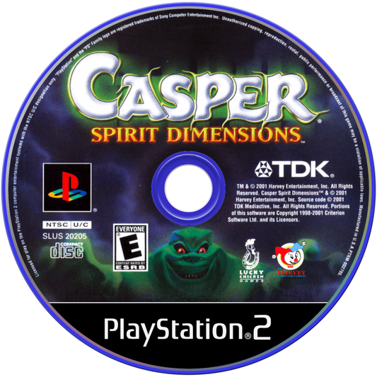 Casper Spirit Dimensions PS2 Sony PlayStation 2 platformer adventure game Casper the Friendly Ghost 3D platforming puzzle solving exploration kids family game spooky themed levels classic retro gaming PlayStation 2 software video game title disc