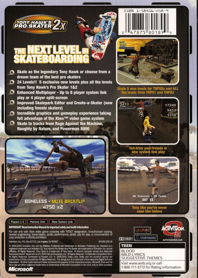 Tony Hawk's Pro Skater 2X Microsoft Xbox Original Xbox video game featuring skateboarding action gameplay professional skaters trick combos grinding ramps skate parks challenges career mode and extreme sports gameplay retro video game collection collectible gaming appeal back cover art