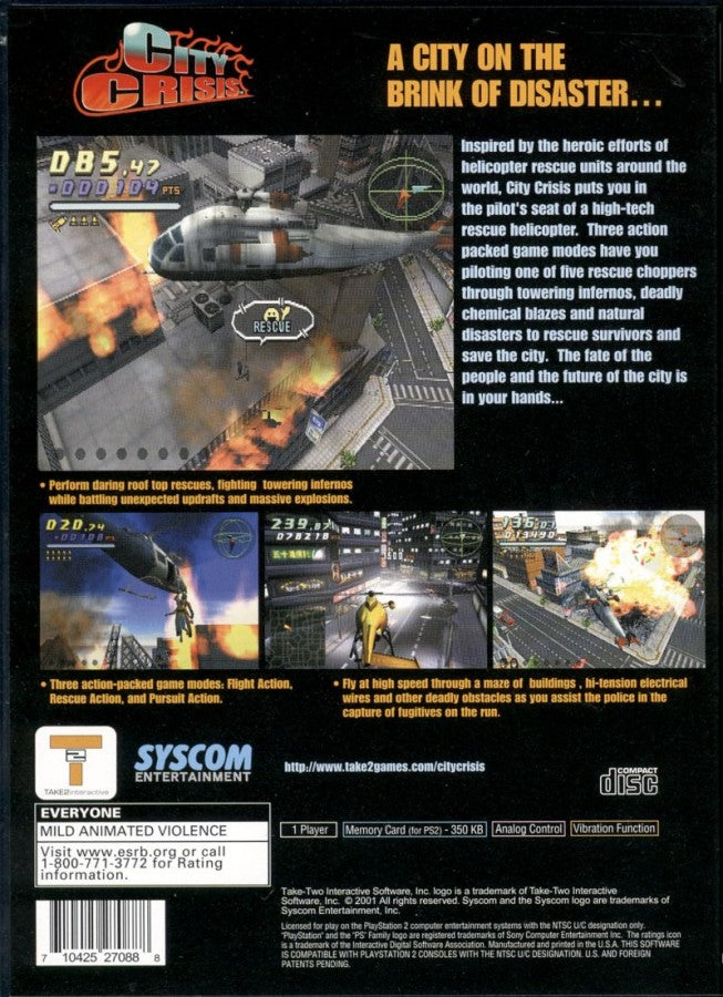 City Crisis PS2 PlayStation 2 helicopter rescue simulation action game retro video game back of case