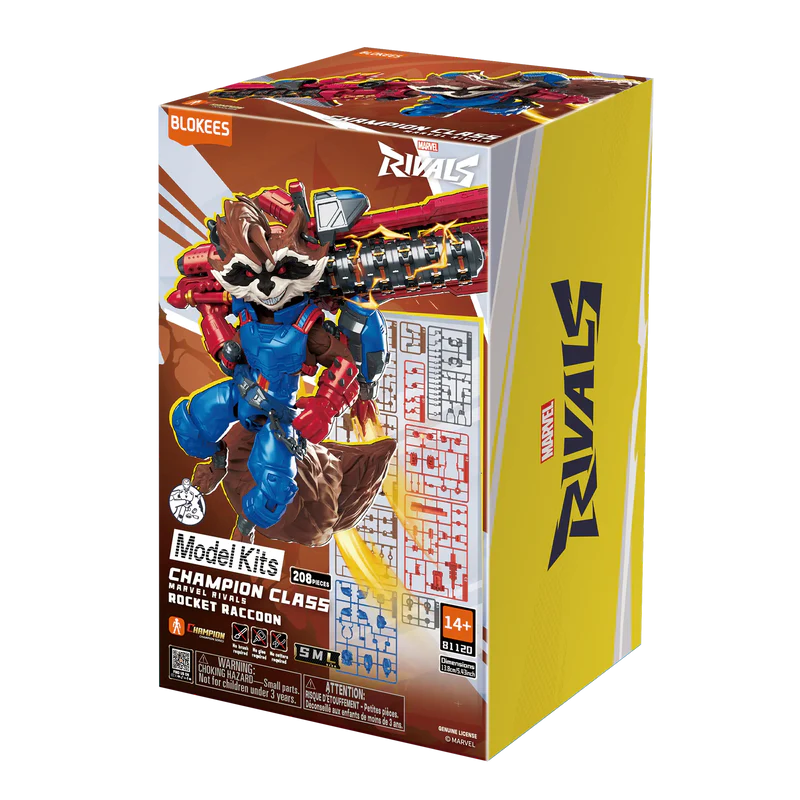 Blokees Marvel Rivals Champion Class 08 Rocket Raccoon Model Kit featuring Marvel Rivals inspired Rocket Raccoon character design collectible buildable figure articulated display model detailed craftsmanship superhero collectible hobby kit and collectible gaming appeal 
