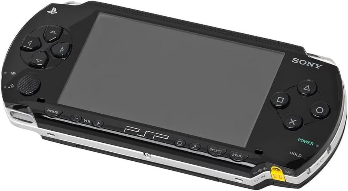 PSP 1000 console Sony PlayStation Portable original model handheld gaming system PSP 1000 fat model classic design UMD disc gaming WiFi multimedia device retro handheld gaming system Sony PSP hardware front tilt 