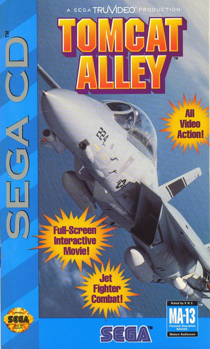 Tomcat Alley Sega CD full motion video FMV flight combat game fighter jet missions aerial dogfights live action cockpit footage arcade shooting gameplay military action cinematic presentation retro gaming Sega CD software video game title cover art
