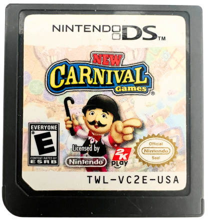 New Carnival Games for Nintendo DS, cartridge for a party mini-game video game with carnival-themed challenges, arcade-style gameplay, multiplayer modes, and casual family-friendly fun