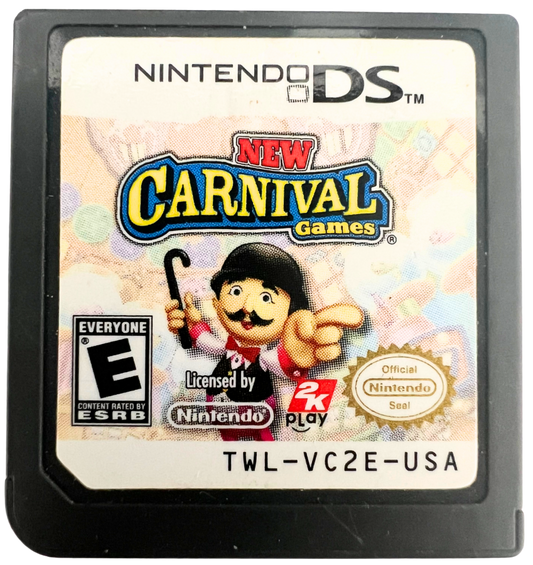 New Carnival Games for Nintendo DS, cartridge for a party mini-game video game with carnival-themed challenges, arcade-style gameplay, multiplayer modes, and casual family-friendly fun