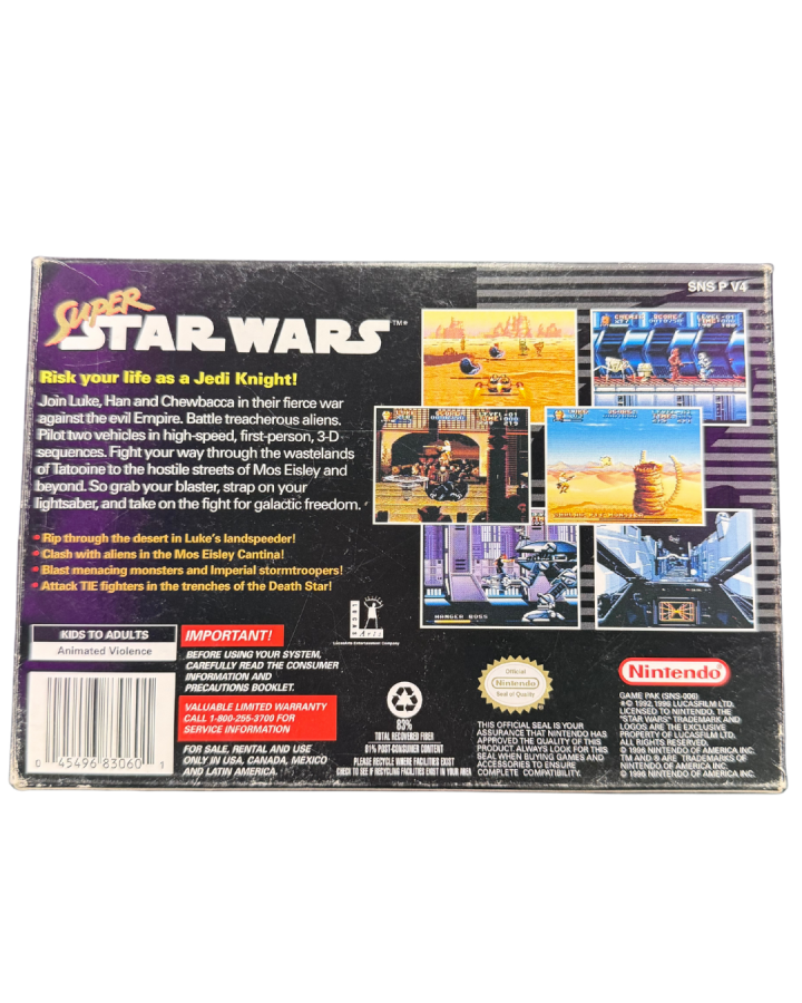 Super Star Wars Player’s Choice for Super Nintendo featuring classic action gameplay in the Star Wars universe back of box art