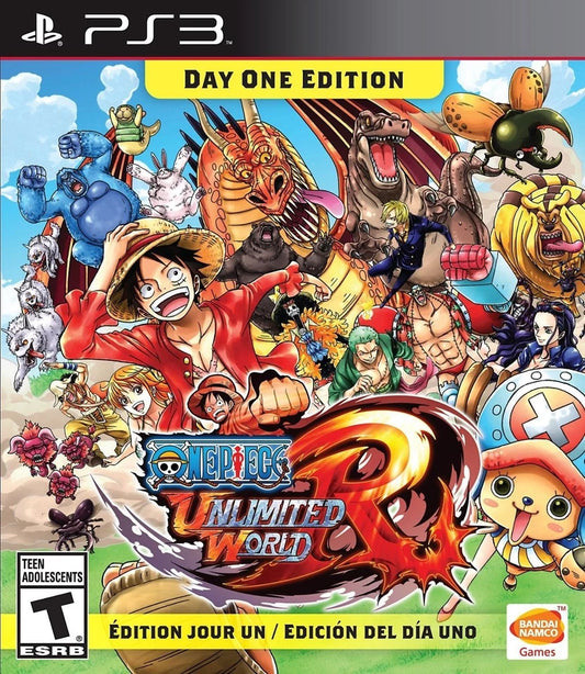 One Piece Unlimited World Red Day One edition disc for the PlayStation 3 featuring action adventure gameplay with open areas boss battles character abilities and a story driven journey starring Luffy and the Straw Hat Pirates in a vibrant anime world cover