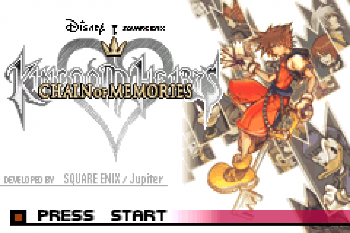 Kingdom Hearts Chain of Memories for Game Boy Advance, title screen for an action role-playing video game with card-based combat, real-time battles, character progression, and Disney-inspired storyline