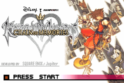 Kingdom Hearts Chain of Memories for Game Boy Advance, title screen for an action role-playing video game with card-based combat, real-time battles, character progression, and Disney-inspired storyline