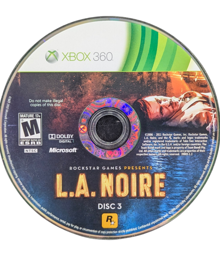 L.A. Noire Xbox 360 video game, detective action adventure, crime investigation gameplay, open-world 1940s setting, console title disc 3