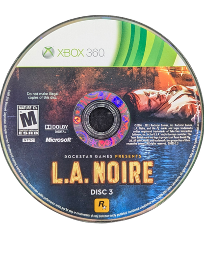 L.A. Noire Xbox 360 video game, detective action adventure, crime investigation gameplay, open-world 1940s setting, console title disc 3