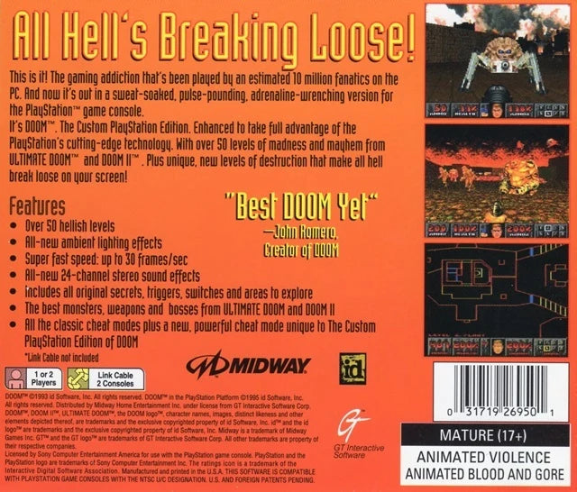 DOOM Greatest Hits PlayStation PS1 for first person shooter video game fans featuring fast paced demon slaying action intense sci fi horror environments powerful weapons classic campaign multiplayer deathmatch iconic id Software gameplay retro PlayStation collectible gaming appeal back cover art